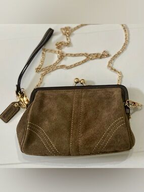 Coach Soho Dark Brown Kisslock Suede Leather Wristlet-Crossbody 8in x 5in
